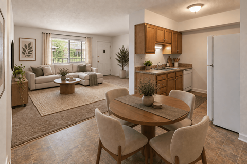 A kitchen with a table and chairs in the middle of the room.