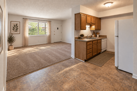A kitchen with a white fridge, brown cabinets, and a brown rug.