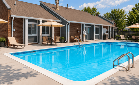 A pool in front of a house with a patio and chairs.