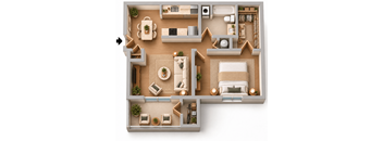 A top-down view of a well-furnished living space with a kitchen, dining area, and bedrooms.