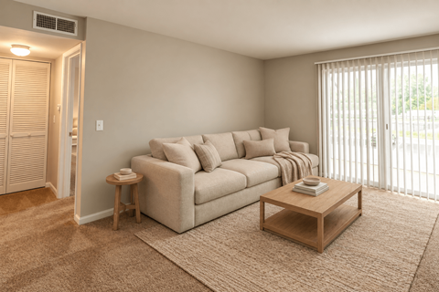 A living room with a couch, a small table, and a window with blinds.