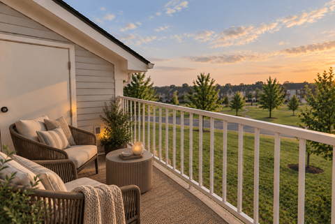 A patio with a white railing, a table with a candle, and chairs with cushions.