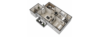 A 3D floor plan of a house with a kitchen, living room, and two bedrooms.