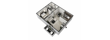 A 3D floor plan of a house with a kitchen, living room, and two bedrooms.
