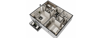 A 3D floor plan of a house with a living room, kitchen, and two bedrooms.