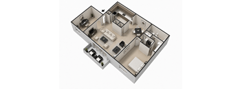 A 3D floor plan of a house with a kitchen, living room, and two bedrooms.