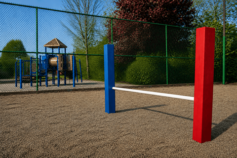 A playground with a blue and red pole in the foreground and a swing set in the background.