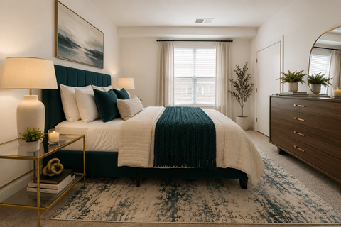 A bedroom with a large bed and a nightstand at The Whit Apartments, Indianapolis, IN, 46204