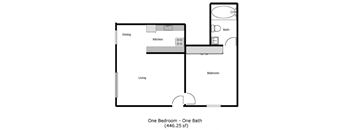 a floor plan of a one bedroom unit with a bathroom and a kitchen