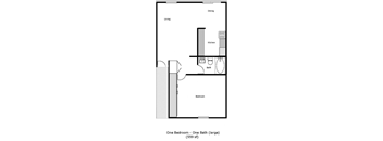 a blueprint of a one bedroom floor plan with a bathroom and a closet