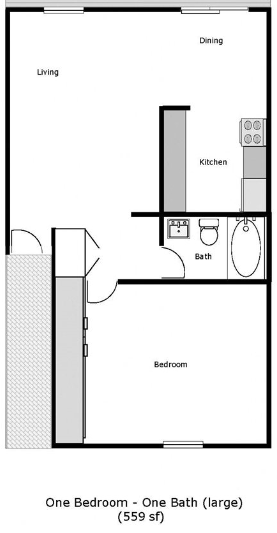 A floor plan of a small apartment with one bedroom and one bathroom.
