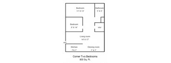 2 bed 1 bath floorplan