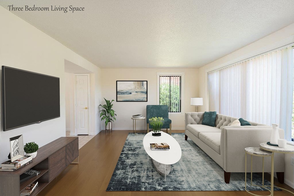 a rendering of a living room with a white couch