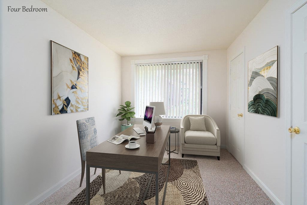a home office with a desk and chair and a window