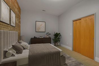 A bedroom with a bed, nightstand, and a painting on the wall.