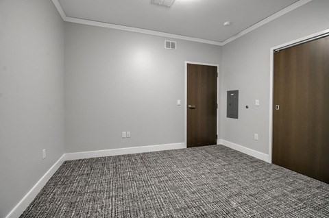 A room with carpeted floor and two brown doors.