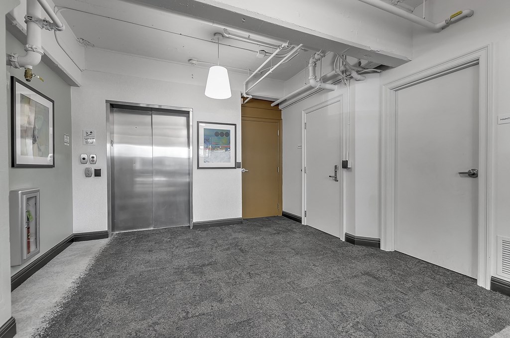 a room with a carpeted floor and a hallway with doors at 100 South Apartments, New York, 14202