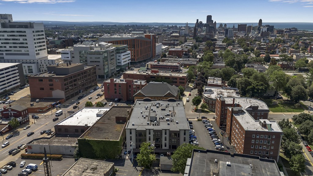 an aerial view of the city with the city skyline in the background at Nineteen North, New York, 14202