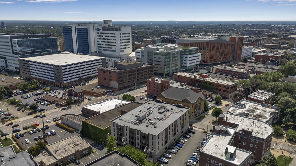 an aerial view of the city with tall buildings at Nineteen North, Buffalo