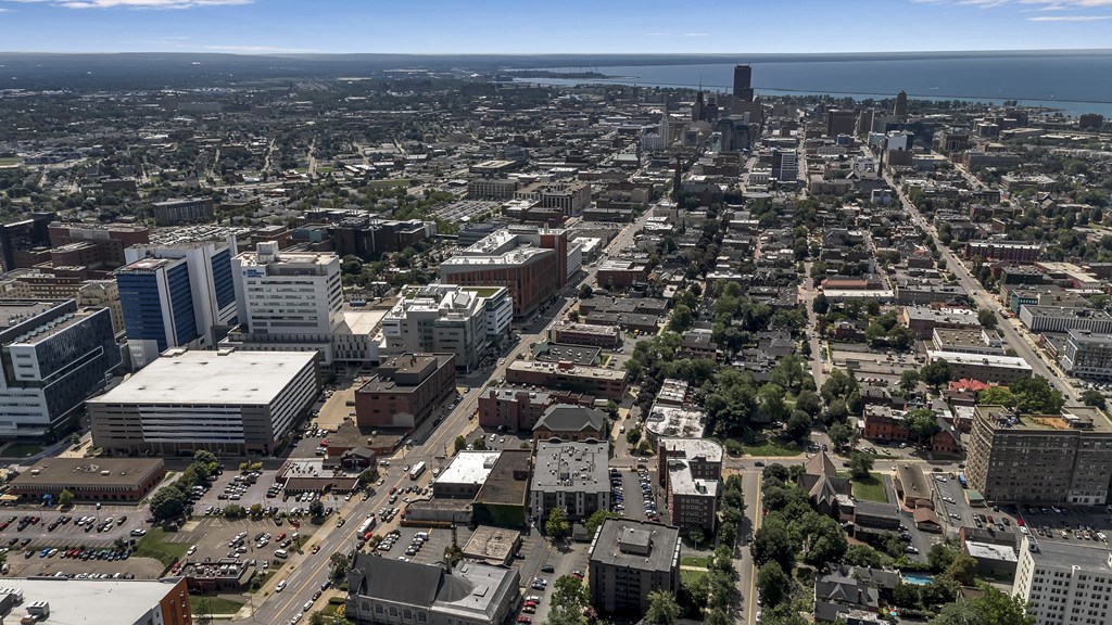 an aerial view of the city at Nineteen North, Buffalo, 14202