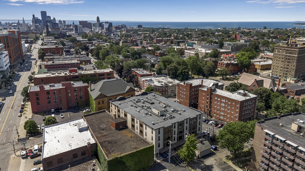 an aerial view of the city and the civic center at Nineteen North, Buffalo, NY, 14202