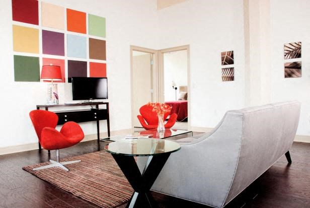 a living room with a couch and a table