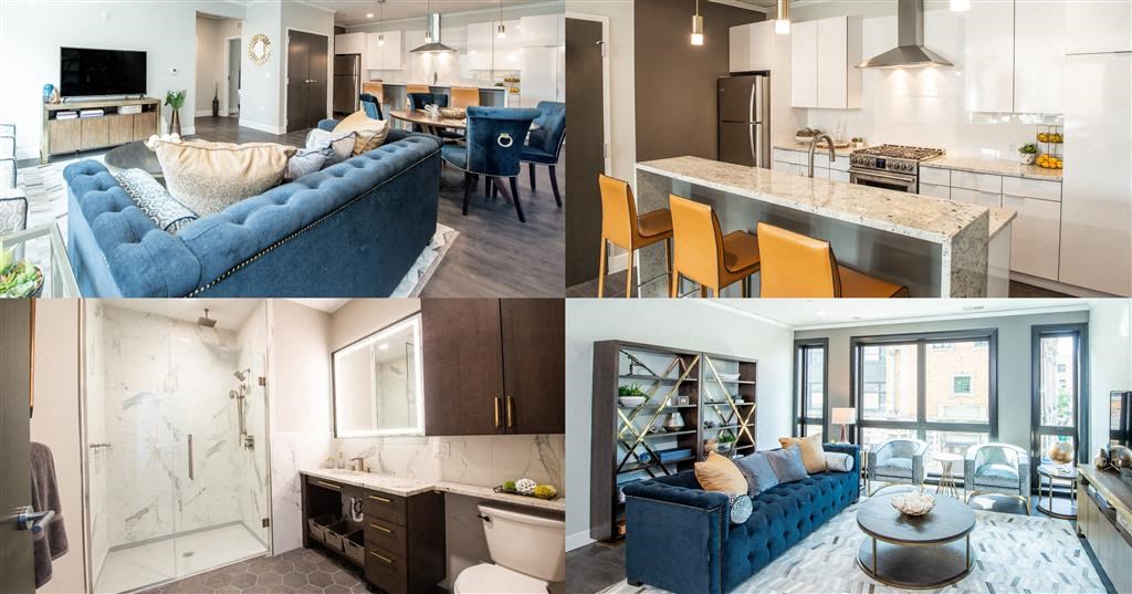 four pictures of living rooms and kitchens with blue furniture