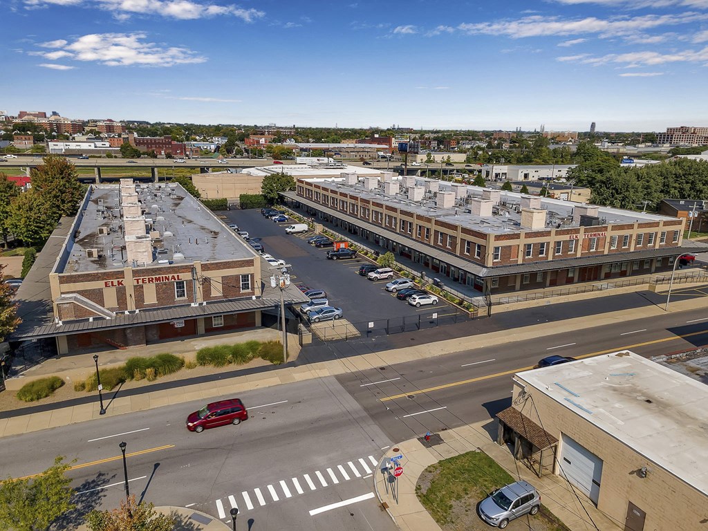 an aerial view of a city street and buildings at The Lofts at Elk Terminal, Buffalo