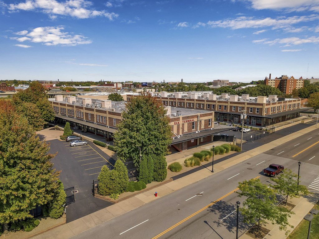 an aerial view of a city street and some buildings at The Lofts at Elk Terminal, Buffalo, NY, New York