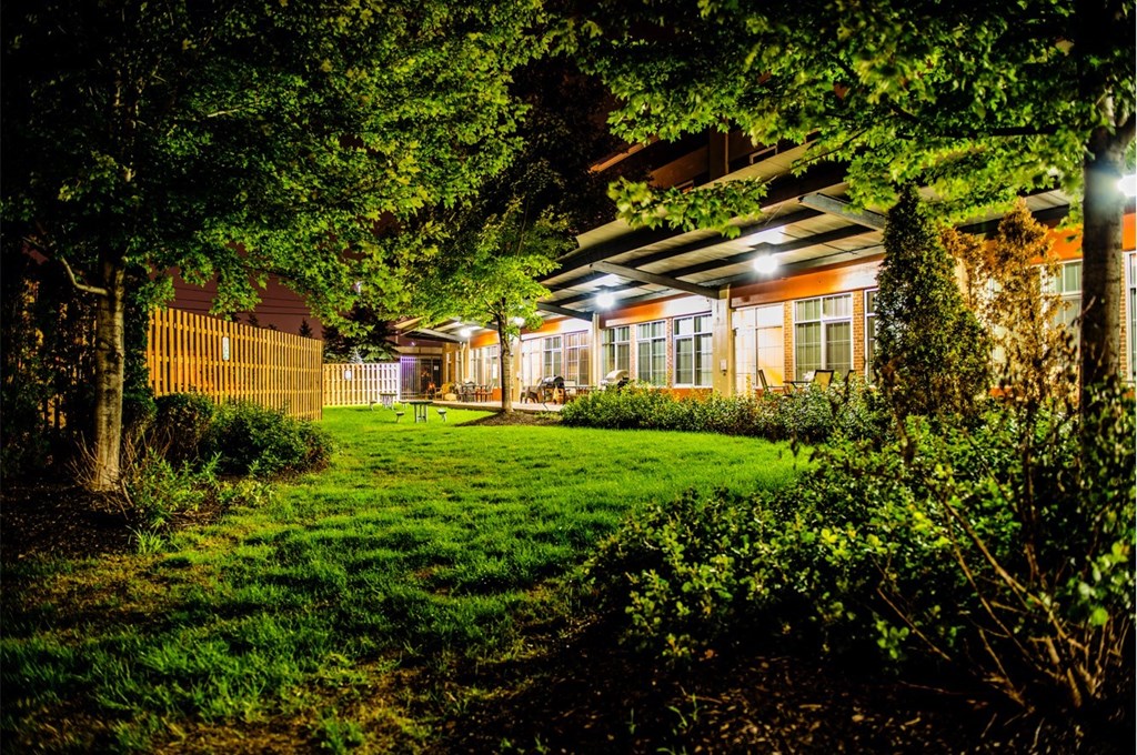a backyard at night with lush green grass and trees at The Lofts at Elk Terminal, Buffalo, NY, New York