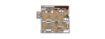 a 3d rendering of a 1 bedroom floor plan with a bathroom and a kitchen