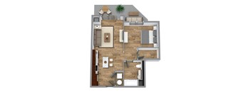 A top-down view of a living room with a couch, coffee table, and television.