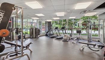 a gym with cardio equipment and windows in a building Hot Metal Flats apartments, Southside Pittsburgh, PA