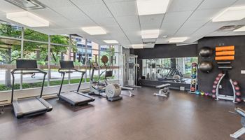 a workout room with weights and other exercise equipment in a building with large windows Hot Metal Flats apartments, Southside Pittsburgh, PA