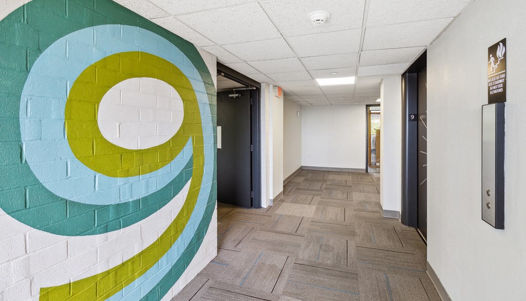 hallway with mural at Walnut Towers at Frick Park, Pittsburgh, 15217