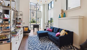 a living room with a blue couch and a rug