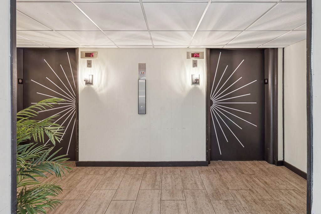 A white wall with two elevators and a plant on the left at Walnut Towers at Frick Park, Pennsylvania 15217