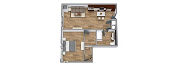an overhead view of a furnished apartment with a wood floor