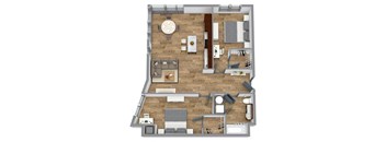3d floor plan of a house with bedrooms and a living room