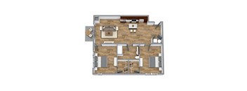 a 3d rendering of a office floor plan with furniture and a table