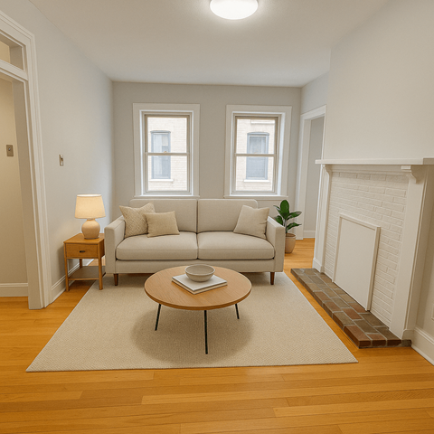 A living room with a white couch, a coffee table, and a lamp.