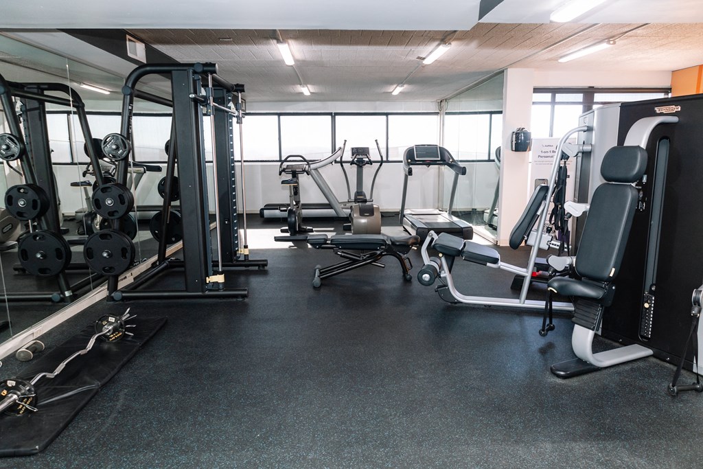A gym with a variety of equipment including a leg press machine, a chest press machine, and a rowing machine at Walnut Towers at Frick Park, Pittsburgh, Pennsylvania