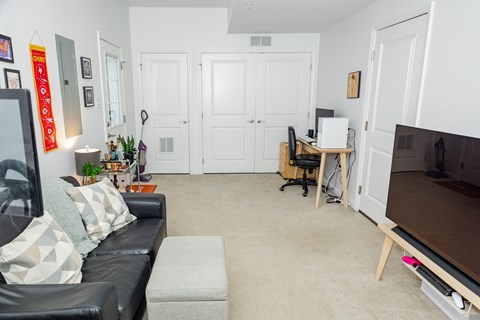 A living room with a black couch and a television.