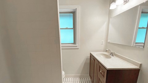 a bathroom with a sink and a mirror
