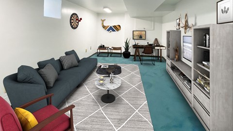 a living room with white walls and blue carpet