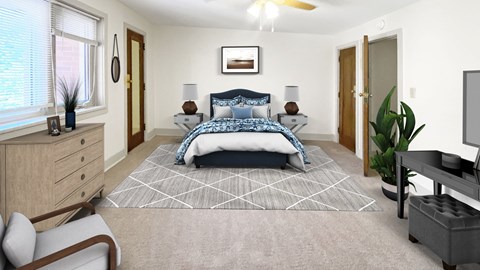 a bedroom with a bed and a dresser in front of a window