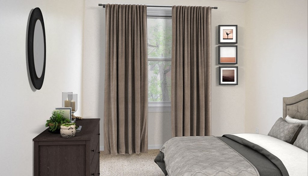 a bedroom with a bed and a dresser with a plant on it