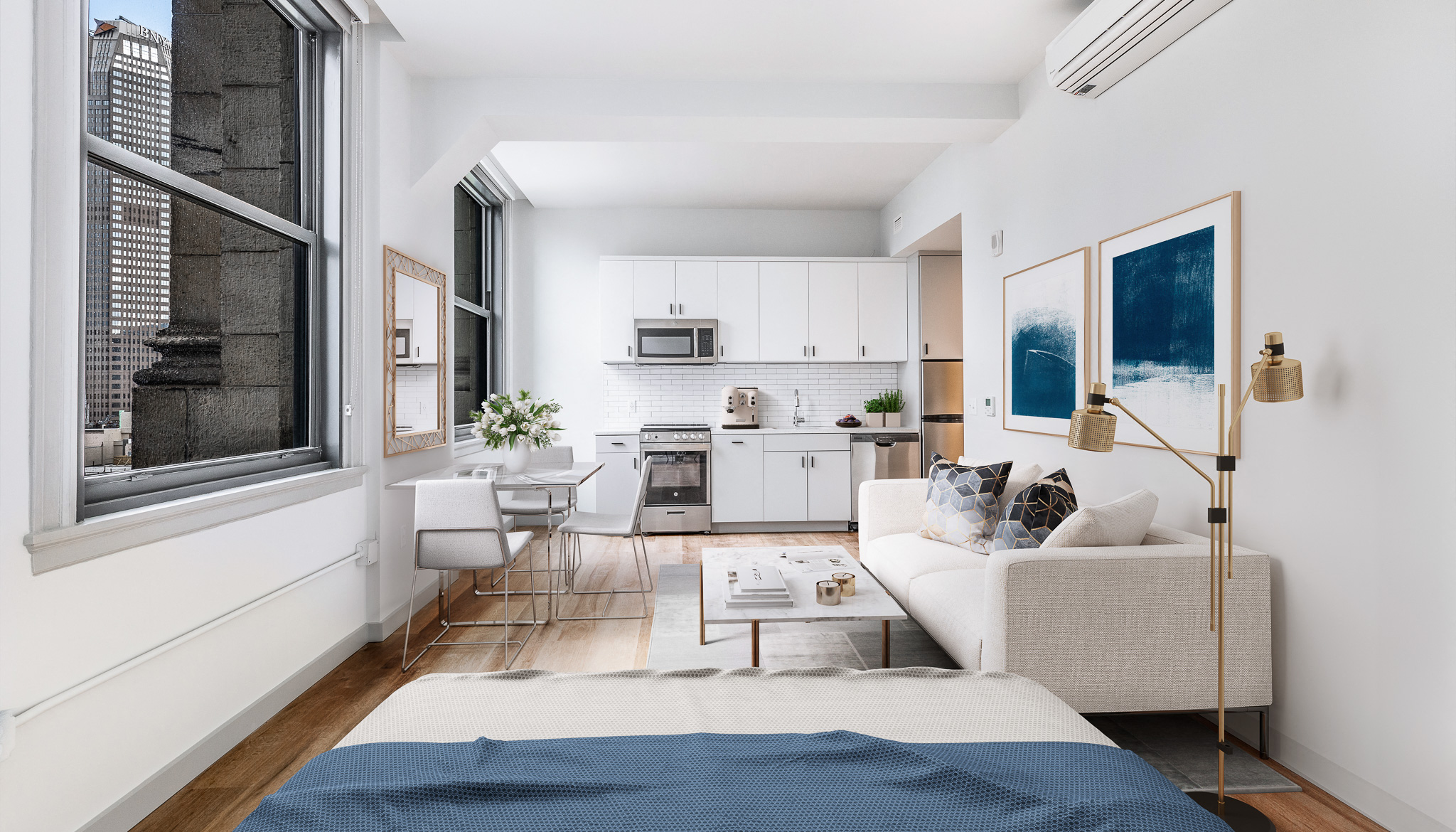 a living room with a couch and a table