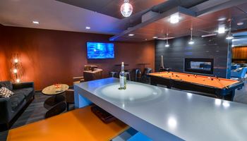 a game room with a pool table and a tv