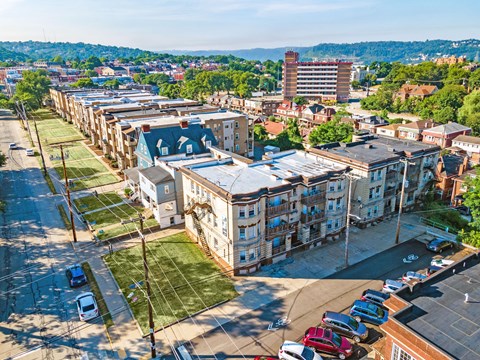 a view of the city from the top of a building at University Commons Apartments, Oakland, Pittsburgh